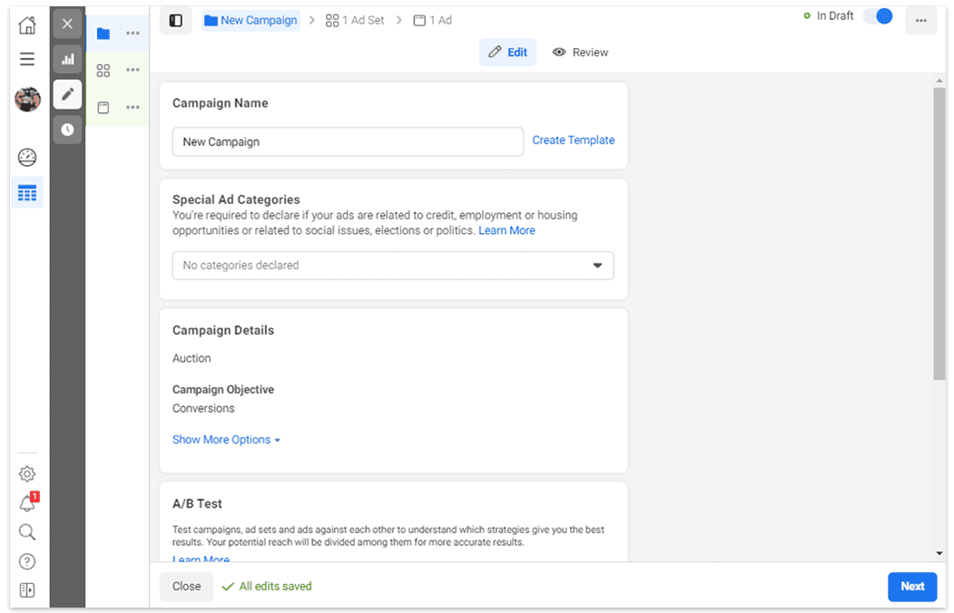 Campaign ad setup and details