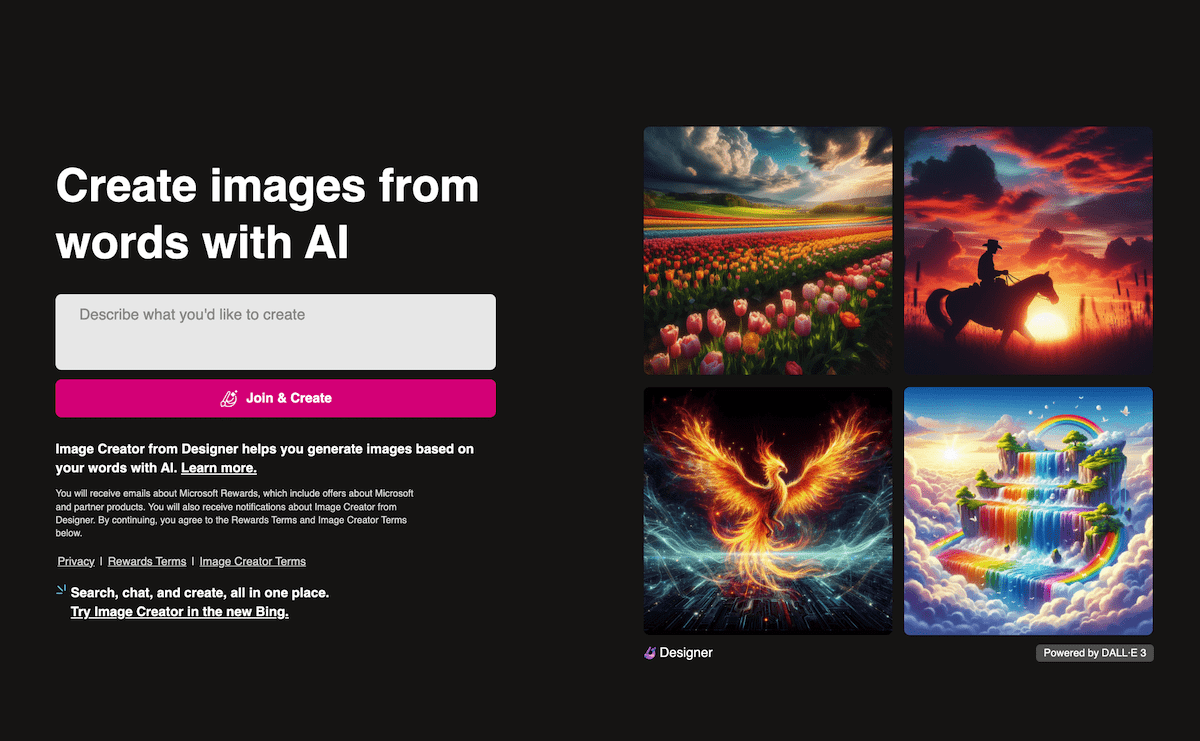 Bing image creator homepage