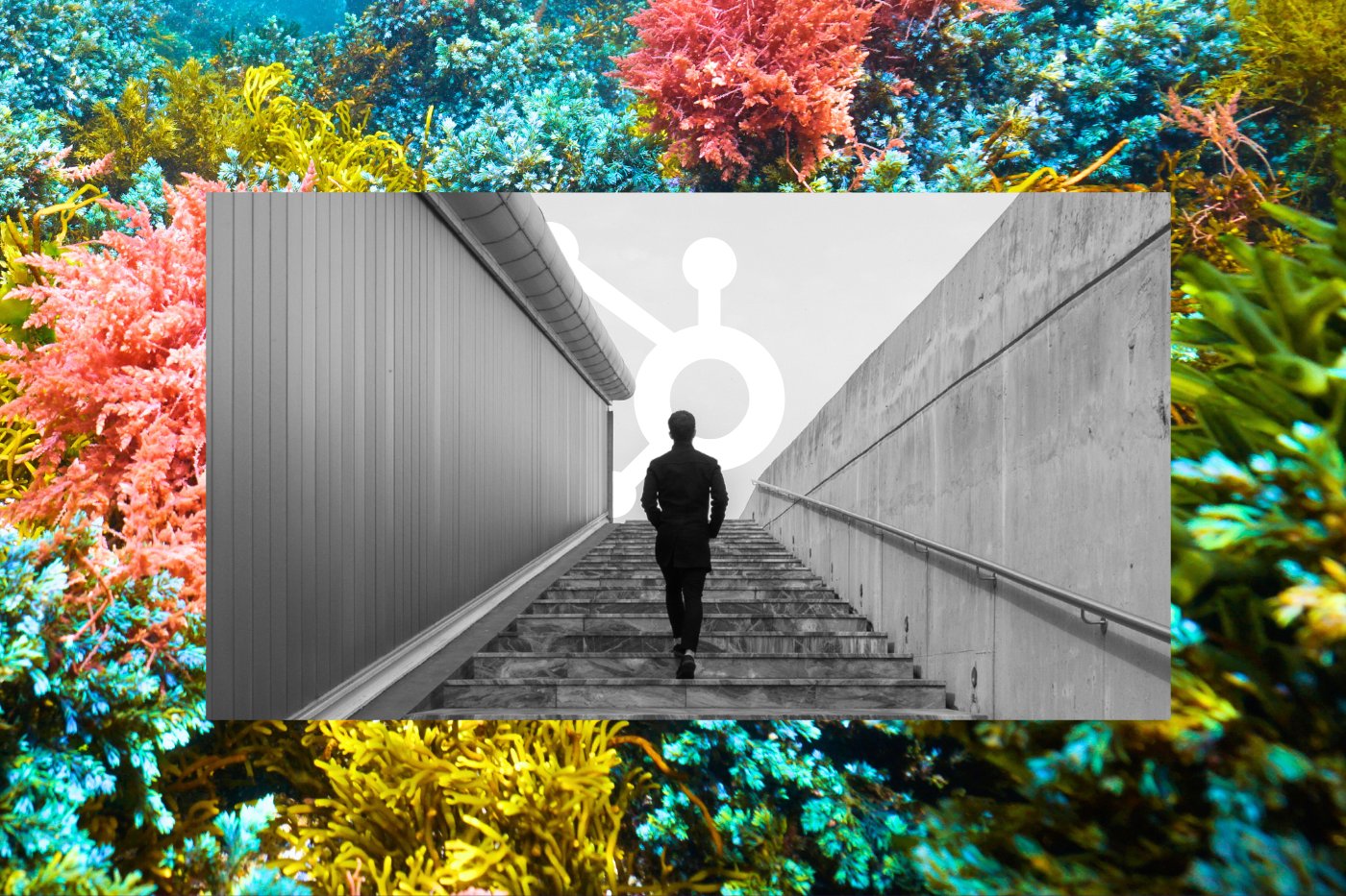 A man walking up the stairs toward a super-imposed Hubspot logo implying Hubspot step by step implementation.