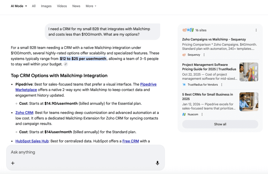A graphic showing the results of a question asked in the Google Search AI Mode