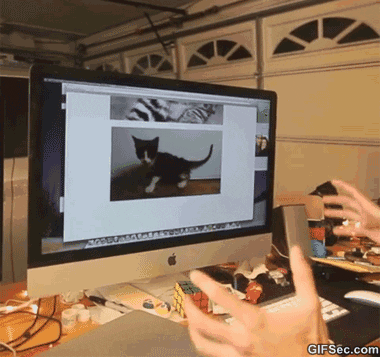 Man performing an illusion by appearing to grab a kitten from a picture on a computer screen