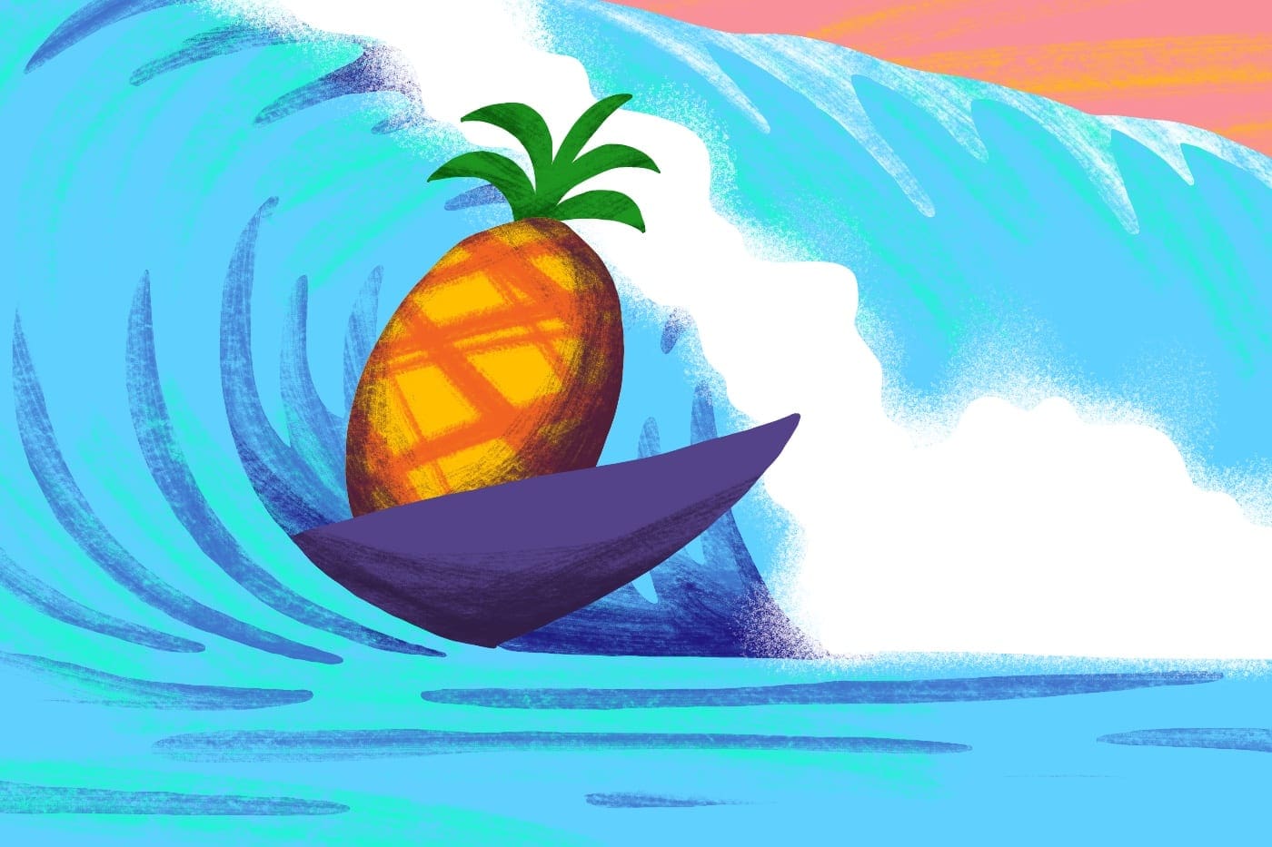 Illustration of a pineapple on a surfboard.
