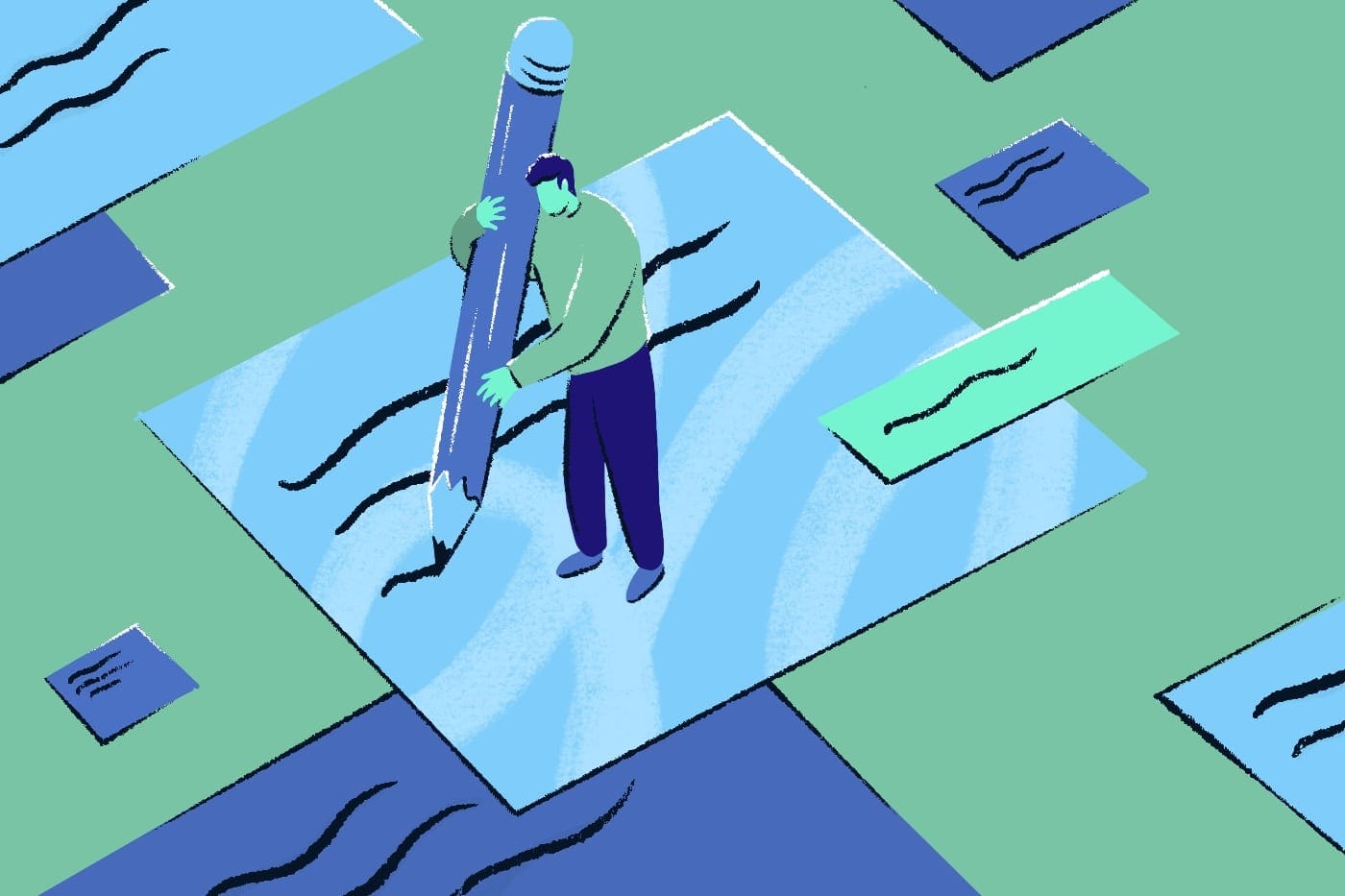 Illustration of a man writing display ad copy
