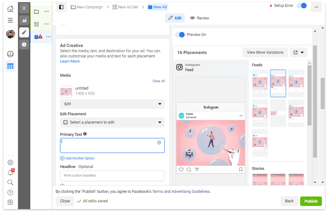 Adding ad copy text for Facebook and Instagram ads