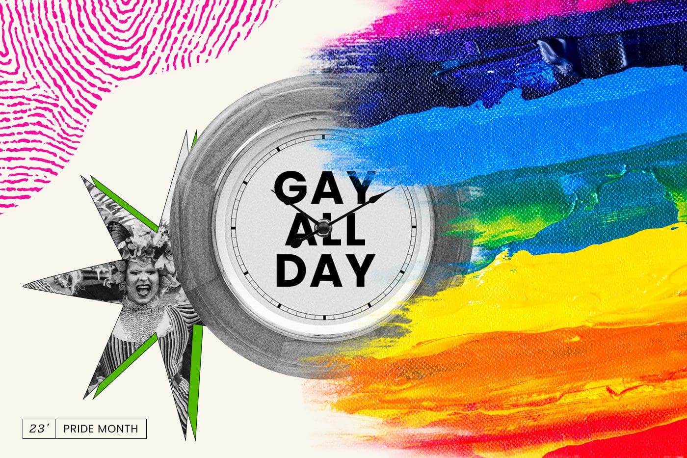 Pride 2023 rainbow with text on a clock saying 