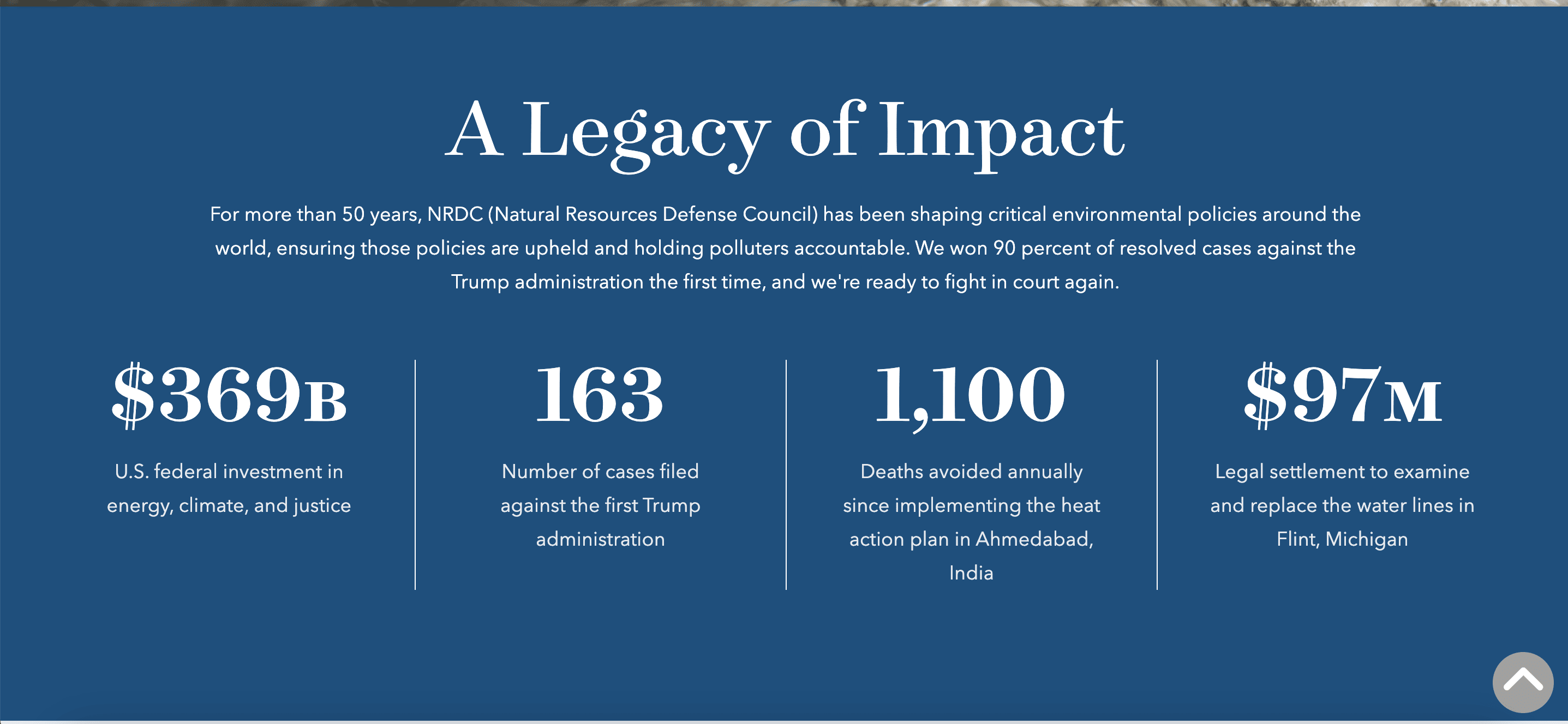 A screengrab of the Natural Resources Defense Council website showing their Legacy of Impact with statistics