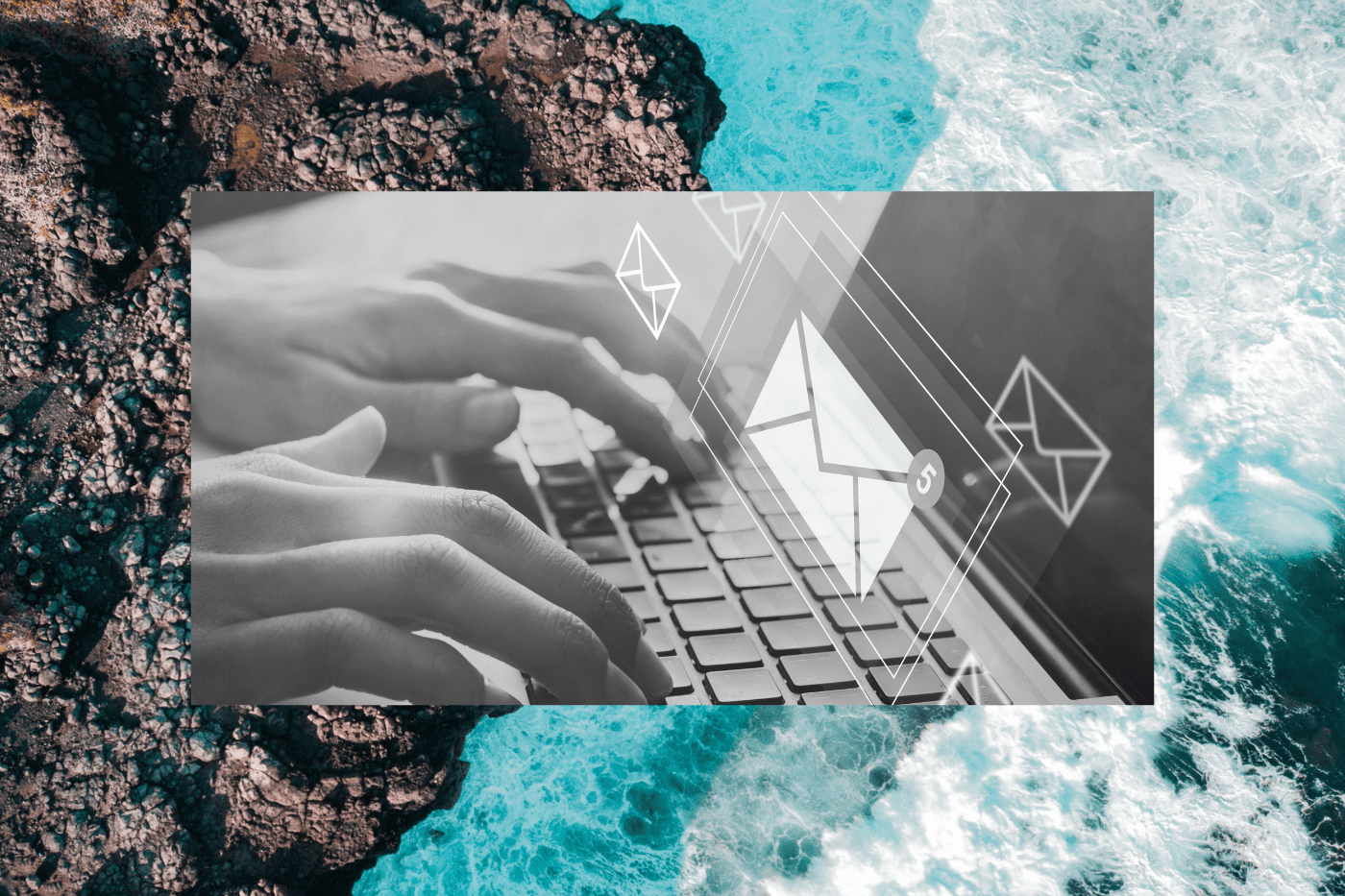 Hands typing on a laptop keyboard with email icons overlayed on screen, representing a practical B2B email marketing strategy for purpose-driven companies focused on authentic communication, audience segmentation, and automated growth.