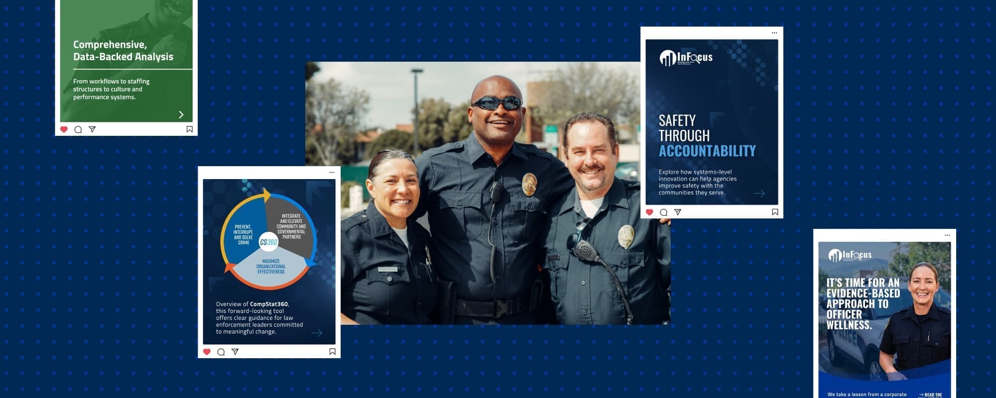 A collection of social media posts created for NPI, accompanied by a photo of three smiling police officers