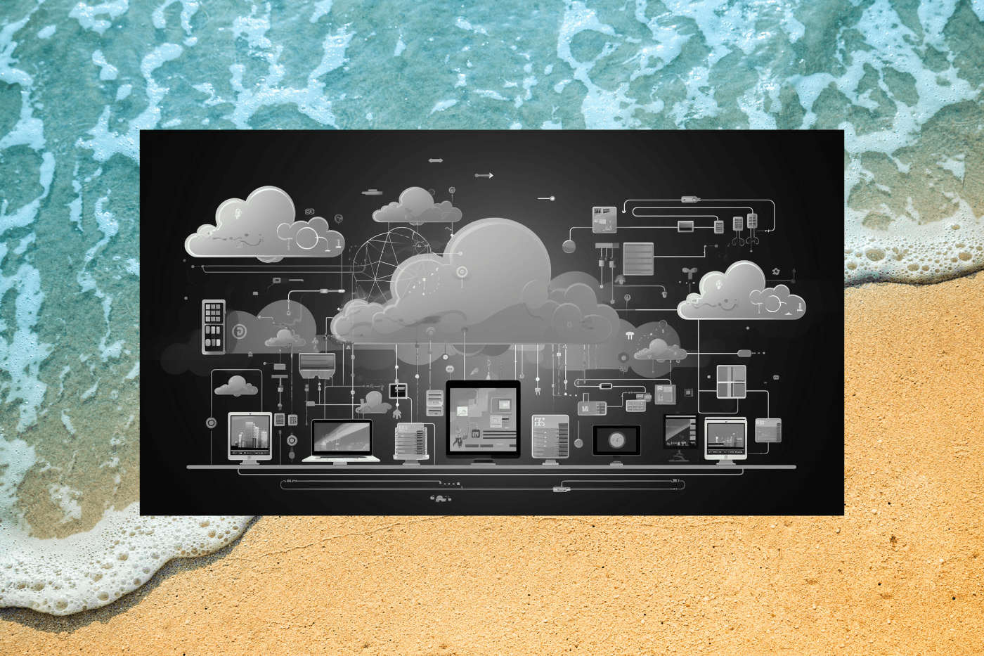 Illustration of interconnected cloud technology, devices, and data systems over a beach background, representing the systems that support nonprofit marketing beyond CRM tools.