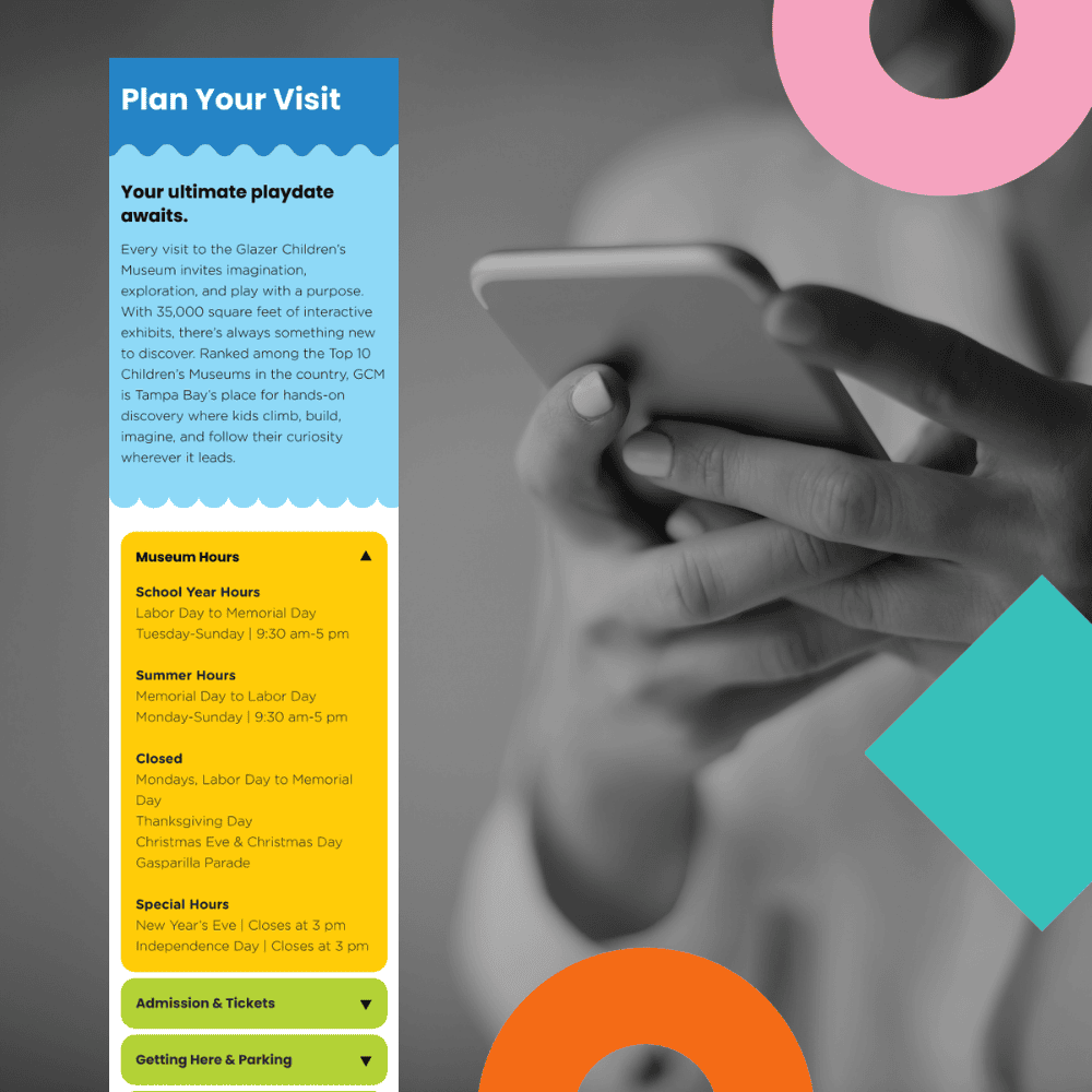 Glazer Museum mobile view of the Plan Your Visit page